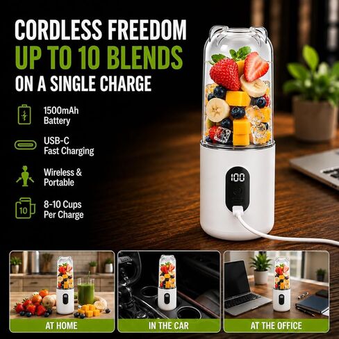 Portable Blender for Protein Shakes & Smoothies, 17oz USB-C Rechargeable Personal Blender with LED Display, Powerful 16-Blade Mini Juicer for Gym, Travel & Office in Kuwait
