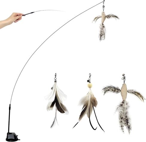TTcat Cat Wand Toys with Suction Cup, Interactive Bird Simulation Cat Toy Set,Cat Teaser Cat Toys,Flexible Steel Wire and 3Pcs Replacement Feather Refills with Bells. in Saudi Arabia