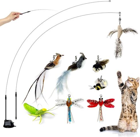 TTcat Cat Wand Toys with Suction Cup, Interactive Bird Simulation Cat Toy Set,Cat Teaser Cat Toys,Flexible Steel Wire and 3Pcs Replacement Feather Refills with Bells. in Saudi Arabia