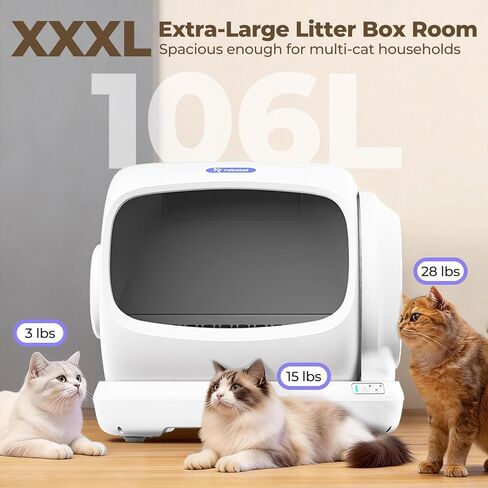 XXXL Self-Cleaning Cat Litter Box, 106L Extra-Large Automatic Cat Litter Box for Multiple Cats, Safety Sensor/Anti-Pinch Patent/Smart APP Control/Low Entrance/Double-Layer Defense/Easy Clean in Kuwait
