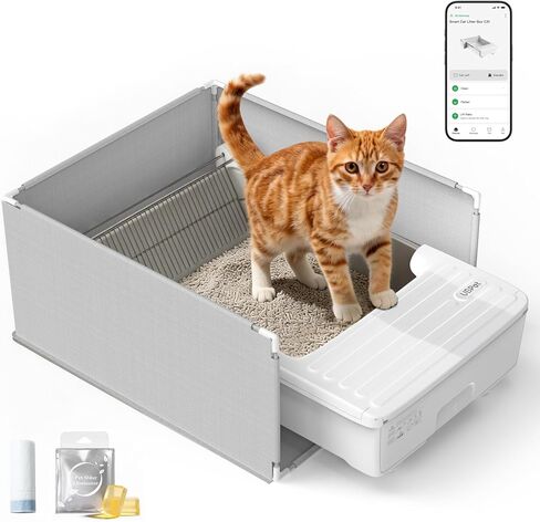 UBPET Automatic Cat Litter Box, Open-Top Self Cleaning Litter Box for Multiple Cats, Weight Sensors Safety Protection, Smart APP Control, Odor-Free Waste Disposal, Works with Bentonite Mineral Litter in Saudi Arabia