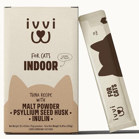 ivvi Indoor Hairball Support Cat Treat – Creamy Lickable Treat for Indoor Cats – Malt & Fiber Digestive Support – Helps Reduce Hairballs – Grain Free – 15g Sachets in Kuwait
