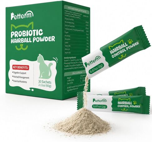 PETTERM Cat Hairball Control & Relief Powder - Indoor Feline Digestion Support with Slippery Elm & Probiotics - Mess-Free Gel & Paste Alternative Food Topper, 30 Sachets, GMP Certified, Chicken in Kuwait