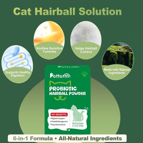 PETTERM Cat Hairball Control & Relief Powder - Indoor Feline Digestion Support with Slippery Elm & Probiotics - Mess-Free Gel & Paste Alternative Food Topper, 30 Sachets, GMP Certified, Chicken in Kuwait