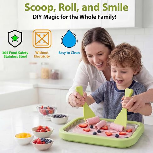 Rolled Ice Cream Maker Kit - 304 Stainless Steel Cold Plate, 2 Scrapers, Instant Ice Cream Roller Machine for DIY Homemade Frozen Treats, Family Fun Activities in Kuwait