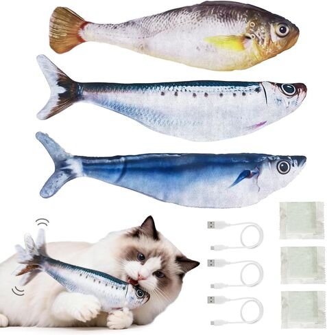 Cat Toys Flopping Fish 3 Pack Rechargeable Cat Toys Interactive for Indoor Exercise with Catnip, Moving Cat Toy 3 Flapping Mode 7.1 Inches Electric Realistic Plush Wiggle Fish in Kuwait