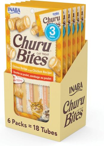 INABA Churu Bites for Cats, Soft/Chewy Baked Chicken Wrapped Churu Filled Cat Treats with Vitamin E, 0.35 Ounces per Tube, 18 Tubes Total (3 Tubes per Pack), Tuna with Salmon Recipe in Saudi Arabia
