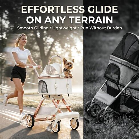 All-Terrain Pet Stroller for Small Medium Dogs & Cats, 20 lbs Capacity - Portable Carrier with One-Touch Brake, Lightweight Foldable Design & Shock Absorption Wheels,Beige in Saudi Arabia