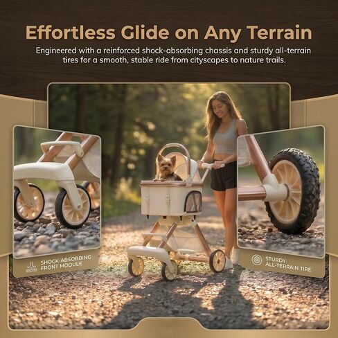 All-Terrain Pet Stroller for Small Medium Dogs & Cats, 20 lbs Capacity - Portable Carrier with One-Touch Brake, Lightweight Foldable Design & Shock Absorption Wheels,Beige in Saudi Arabia