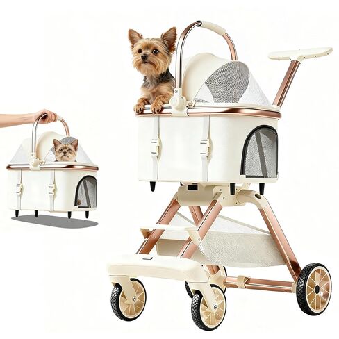 All-Terrain Pet Stroller for Small Medium Dogs & Cats, 20 lbs Capacity - Portable Carrier with One-Touch Brake, Lightweight Foldable Design & Shock Absorption Wheels,Beige in Saudi Arabia