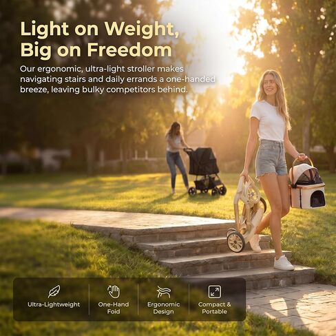 All-Terrain Pet Stroller for Small Medium Dogs & Cats, 20 lbs Capacity - Portable Carrier with One-Touch Brake, Lightweight Foldable Design & Shock Absorption Wheels,Beige in Saudi Arabia