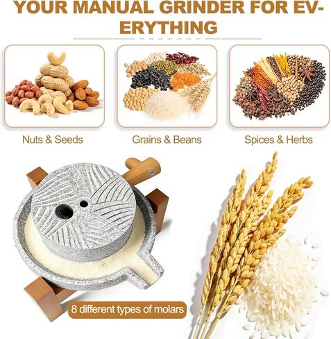 مطحنة حبوب حجرية مصنوعة يدويًا - مطحنة دقيق يدوية ومطحنة بإطار من خشب البلوط الأحمر للمنزل، تطحن القمح والمكسرات والتوابل (مجموعة كاملة) in Kuwait