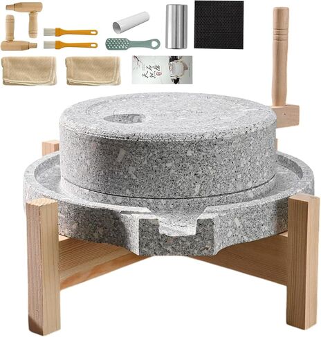 Artisanal Natural Stone Grain Mill (Solid Wood Base) - Household Grinder for Wheat/Spices & Coffee Beans, Traditional Manual Grinding Tool for Breads & Tortillas (9.84x13.8In) in Kuwait