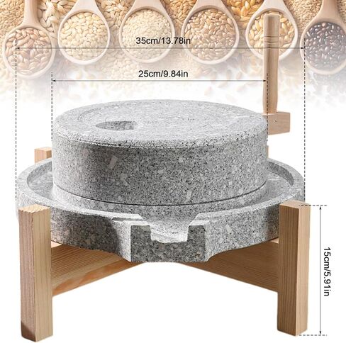 Artisanal Natural Stone Grain Mill (Solid Wood Base) - Household Grinder for Wheat/Spices & Coffee Beans, Traditional Manual Grinding Tool for Breads & Tortillas (9.84x13.8In) in Kuwait