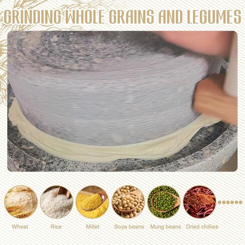 Artisanal Natural Stone Grain Mill (Solid Wood Base) - Household Grinder for Wheat/Spices & Coffee Beans, Traditional Manual Grinding Tool for Breads & Tortillas (9.84x13.8In) in Kuwait