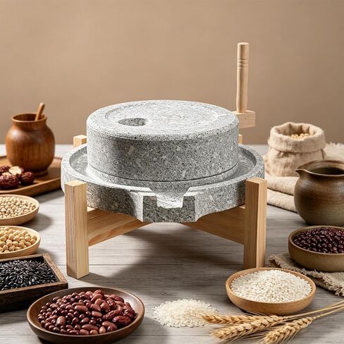Artisanal Natural Stone Grain Mill (Solid Wood Base) - Household Grinder for Wheat/Spices & Coffee Beans, Traditional Manual Grinding Tool for Breads & Tortillas (9.84x13.8In) in Kuwait