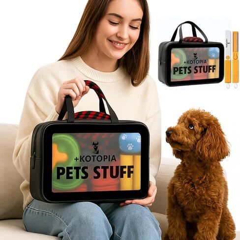 Dog Grooming Tote Bag – Travel Supply Organizer for Dogs – Pet Accessories Storage with Hair Remover Brush – Compact Grooming Bag for Home & Trips – Black/Yellow in Kuwait