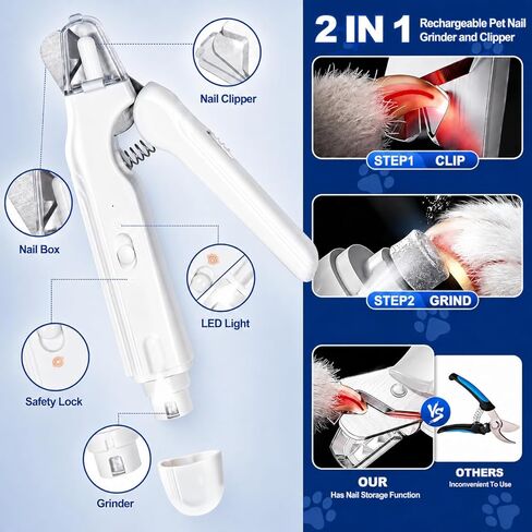 2-in-1 Dog Nail Clippers with Light - Electric Pet Nail Grinder Quiet for Small Large Dogs & Cats, LED Prevent Over Cutting, USB-C Rechargeable Safety Guard Grooming Kit for Black Nails in Kuwait