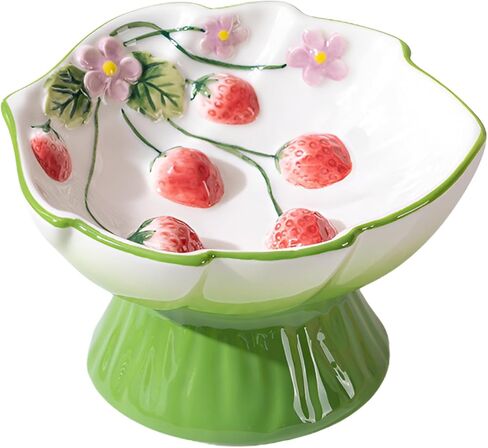 PawsPik Strawberry Blooms Elevated Ceramic Cat Bowl – Raised Cat Food Bowl with 15° Tilt, Whisker-Friendly Pet Feeding Bowl, Anti-Choking Dish, Dishwasher Safe (Green) in Kuwait