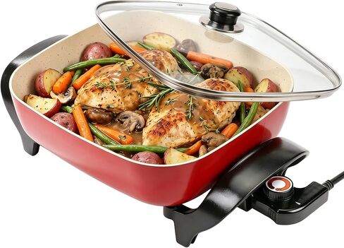 15'' Ceramic Nonstick Electric Skillet with Tempered Vented Glass Lid,Removable Easy-to-Clean,Thermostat Control to Prevent Overheating, Red in Kuwait