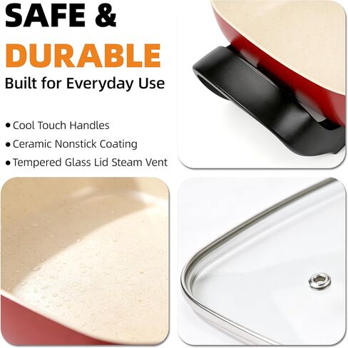 15'' Ceramic Nonstick Electric Skillet with Tempered Vented Glass Lid,Removable Easy-to-Clean,Thermostat Control to Prevent Overheating, Red in Kuwait