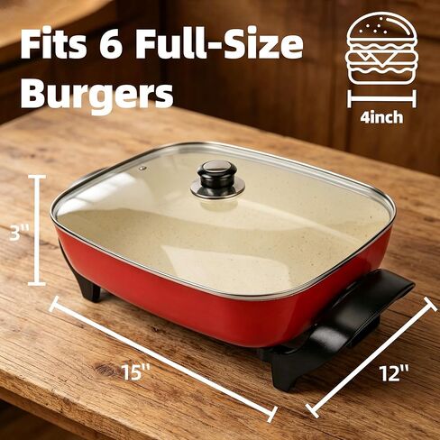 15'' Ceramic Nonstick Electric Skillet with Tempered Vented Glass Lid,Removable Easy-to-Clean,Thermostat Control to Prevent Overheating, Red in Kuwait