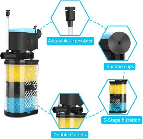 Aquarium Filters – 3-Stage Aquarium Filter in-Tank Filter Internal Filter Fish Tank Filter Turtle Filter for 10-40 Gallon Fish Tanks with Dual Water Outlet and Aeration in Kuwait
