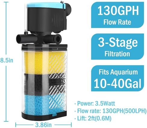 Aquarium Filters – 3-Stage Aquarium Filter in-Tank Filter Internal Filter Fish Tank Filter Turtle Filter for 10-40 Gallon Fish Tanks with Dual Water Outlet and Aeration in Kuwait