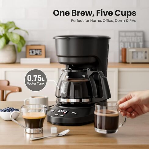 Kismile 5-Cup Drip Coffee Machine with LED Display, Small Coffee Maker with Anti-Drip, Timer, Auto Shut-Off, Dry-Boil Protection, Removable Funnel, Compact, Ideal for Home & Office in Kuwait