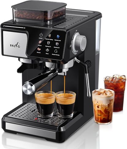 ماكينة اسبريسو UDI بقوة 20 بار مع 20 إعدادًا للطحن - تحكم بشاشة تعمل باللمس، طحن تلقائي (كوب فردي/مزدوج)، بخار وتنظيف ذاتي، ماكينة صنع قهوة سريعة التحضير بجودة المقهى للمنزل in Kuwait