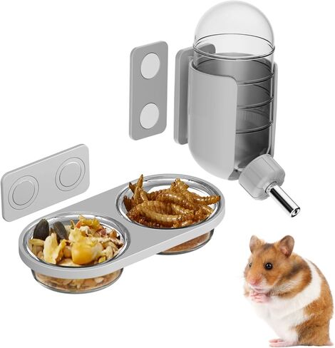 Magnetic Hamsters Feeding Set Freestanding Water Bottle Food Bowl for Glass Tanks, Suitable for Syrian Dwarf Hamsters Gerbils Mice Rats Degus (Gray, Magnetic-Mounted) in Kuwait