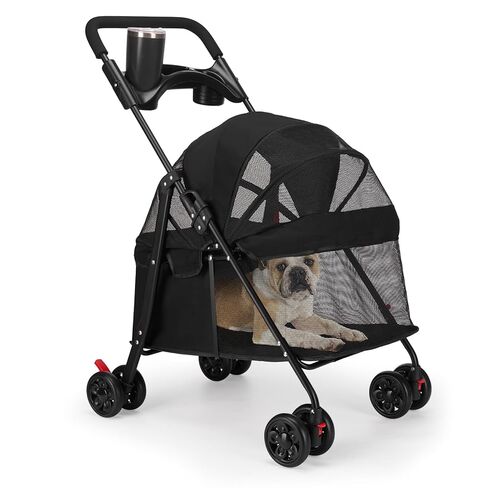 Foldable Pet Stroller for Small/Medium Dogs & Cats up to 22 lbs - Lightweight 4-Wheel Design with Sun Canopy, Storage Basket & Breathable Mesh Windows（Black in Kuwait