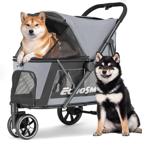 EchoSmile Dog Stroller for Medium & Small Dogs, Foldable Pet Stroller with 3 Wheels & Brakes, All-Terrain Cat Dog Carrier with Breathable Mesh, Safety Leash and Storage Pocket, Gray in Kuwait
