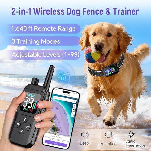 GPS Wireless Dog Fence – Free App Control, Custom GPS Boundary, Beep/Vibration/Static Modes, IP67 Waterproof, Long Battery Life, for Dogs 10–120 lbs, Remote Training Kit in Kuwait