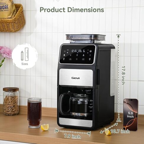 Gevi Grind & Brew Coffee Maker 10 Cup, Built-In Burr Grinder Drip Coffee Machine, Programmable Touch Screen, 4-Hour Warm Plate, Permanent Filter & Glass Carafe in Kuwait