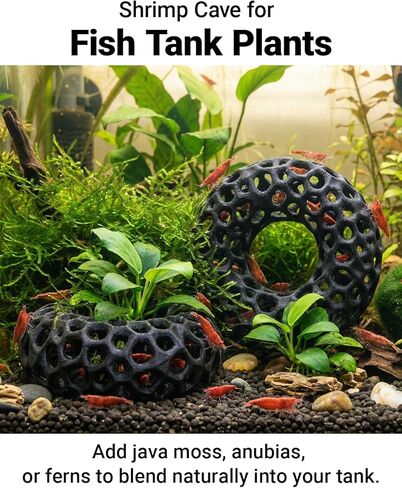 Shrimp Cave for Fish Tank Plants, 2-Pack Round Aquarium Caves for Cherry & Dwarf Shrimp, Plant-Compatible Shrimp Tank Accessories, Aquarium Decor (Black) in Kuwait