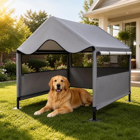 Extra Large Dog Shade Shelter Canopy with UV Protection, Big Dog House Outside, Outdoor Dog Tent with Three-Sided Breathable Mesh Windows, Gray Sun Rain Cover for Pet Sheep Goat 4'x 4'x 3.3' in Kuwait