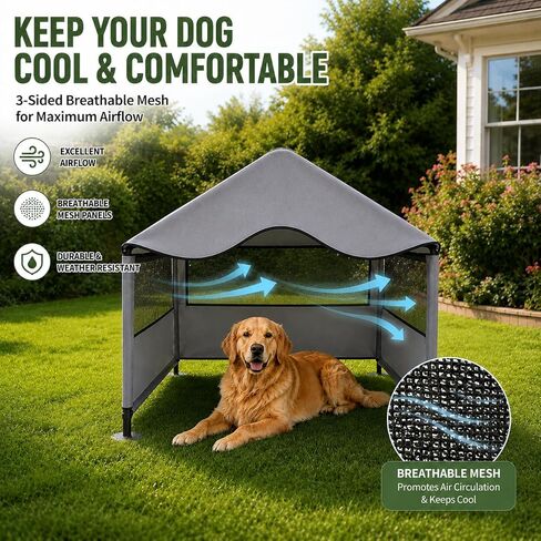 Extra Large Dog Shade Shelter Canopy with UV Protection, Big Dog House Outside, Outdoor Dog Tent with Three-Sided Breathable Mesh Windows, Gray Sun Rain Cover for Pet Sheep Goat 4'x 4'x 3.3' in Kuwait