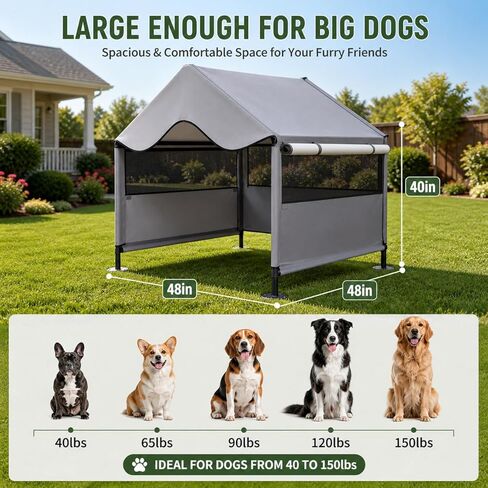 Extra Large Dog Shade Shelter Canopy with UV Protection, Big Dog House Outside, Outdoor Dog Tent with Three-Sided Breathable Mesh Windows, Gray Sun Rain Cover for Pet Sheep Goat 4'x 4'x 3.3' in Kuwait