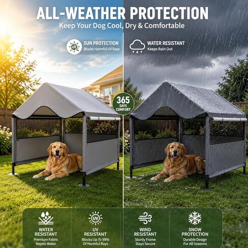 Extra Large Dog Shade Shelter Canopy with UV Protection, Big Dog House Outside, Outdoor Dog Tent with Three-Sided Breathable Mesh Windows, Gray Sun Rain Cover for Pet Sheep Goat 4'x 4'x 3.3' in Kuwait