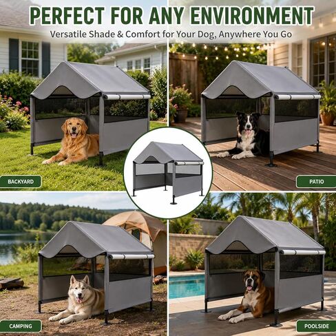 Extra Large Dog Shade Shelter Canopy with UV Protection, Big Dog House Outside, Outdoor Dog Tent with Three-Sided Breathable Mesh Windows, Gray Sun Rain Cover for Pet Sheep Goat 4'x 4'x 3.3' in Kuwait