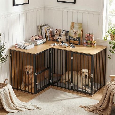 Large Double Dog Crate Furniture - TV Stand & Indoor Kennel with Adjustable Divider, Heavy Duty Wooden Pet House for 2 Large Breed Dogs, Removable Doors, with Rotating Feeder (Dark) in Kuwait