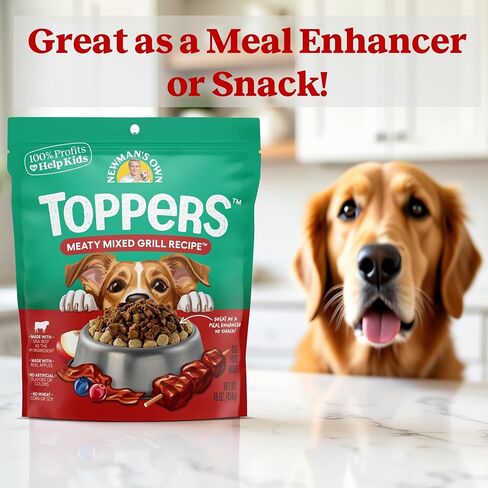 Newman's Own Meaty Mixed Grill Dry Dog Food Topper, 16 oz Pouch — Grain Free Meal Mixer for Picky Eaters, Wholesome Quality Ingredients, No Corn Wheat or Soy, Made in USA in Kuwait