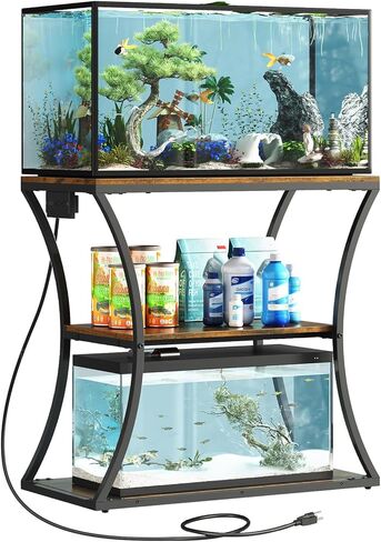 HavenlyYouth 20-29 Gallon Fish Tank Stand with Power Outlet, 3-Tier Aquarium Stand with Storage, Heavy Duty Metal Frame Tank Rack for Home Office, 31.5" L x 15.7" W x 30.4" H, Rustic Brown in Kuwait