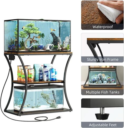 HavenlyYouth 20-29 Gallon Fish Tank Stand with Power Outlet, 3-Tier Aquarium Stand with Storage, Heavy Duty Metal Frame Tank Rack for Home Office, 31.5" L x 15.7" W x 30.4" H, Rustic Brown in Kuwait