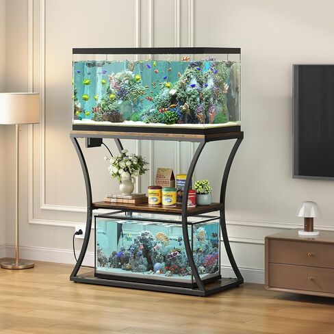 HavenlyYouth 20-29 Gallon Fish Tank Stand with Power Outlet, 3-Tier Aquarium Stand with Storage, Heavy Duty Metal Frame Tank Rack for Home Office, 31.5" L x 15.7" W x 30.4" H, Rustic Brown in Kuwait