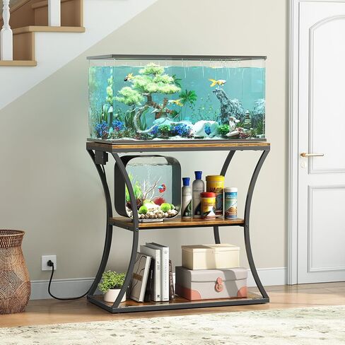 HavenlyYouth 20-29 Gallon Fish Tank Stand with Power Outlet, 3-Tier Aquarium Stand with Storage, Heavy Duty Metal Frame Tank Rack for Home Office, 31.5" L x 15.7" W x 30.4" H, Rustic Brown in Kuwait
