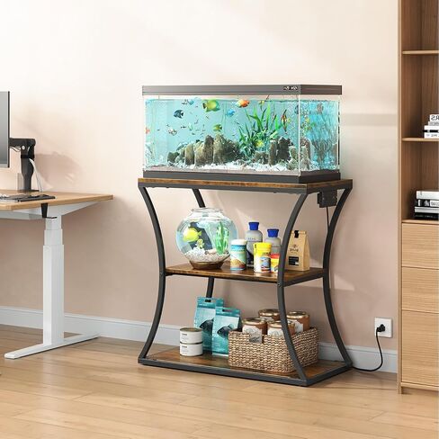 HavenlyYouth 20-29 Gallon Fish Tank Stand with Power Outlet, 3-Tier Aquarium Stand with Storage, Heavy Duty Metal Frame Tank Rack for Home Office, 31.5" L x 15.7" W x 30.4" H, Rustic Brown in Kuwait