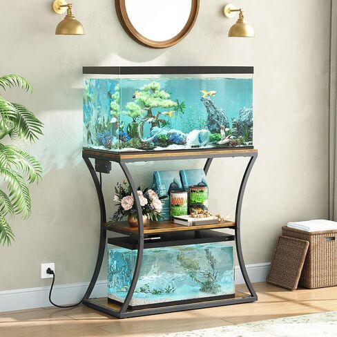 HavenlyYouth 20-29 Gallon Fish Tank Stand with Power Outlet, 3-Tier Aquarium Stand with Storage, Heavy Duty Metal Frame Tank Rack for Home Office, 31.5" L x 15.7" W x 30.4" H, Rustic Brown in Kuwait