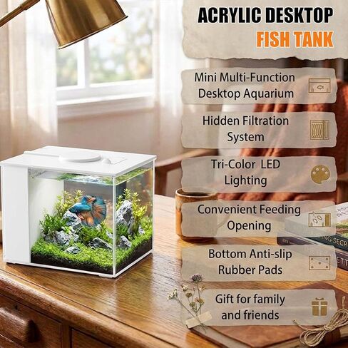 Vehipa 3.7L (1 Gal) Betta Fish Aquarium, Acrylic Small Fish Tank Kit with Water Filter Pump & LED Light, Ideal for Small Fish, Plants and Shrimp, White in Kuwait